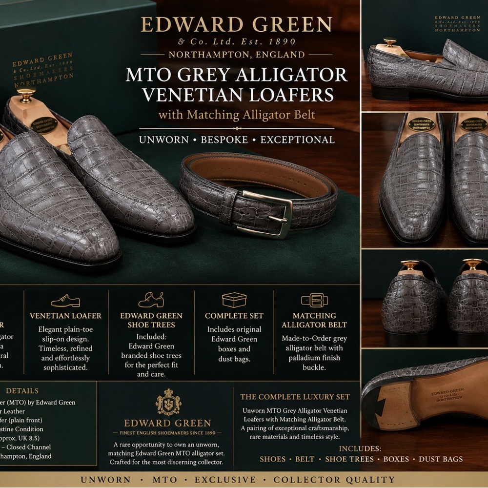 Bespoke Edward Green Grey Alligator Venetian Loafers and Matching Belt